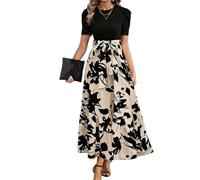 Damen Abendkleid mit Blumenmuster Kurzen Ärmeln Rundhalsausschnitt Elegantem Design Als Maxikleid mit Bindegürtel und Empire Taille Im Boho Stil für Urlaub und Sommer - Lang