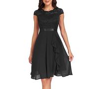Damen Abendkleider Elegant A Linie Festliches Abendkleider Cocktailkleid V Ausschnitt Standesamt Chiffon Hochzeitskleider Kleid Spitze Partykleid Spitzen Dress Brautkleid, Schwarz