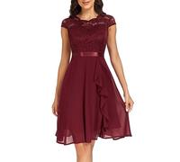 Damen Abendkleider Elegant A Linie Festliches Abendkleider Cocktailkleid V Ausschnitt Standesamt Chiffon Hochzeitskleider Kleid Spitze Partykleid Spitzen Dress Brautkleid, Wein