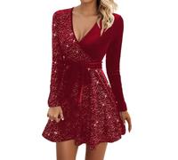 Damen Abendkleider Kurz Langarm Glitzer Kleid Damen Party Weihnachtskleid Elegant Samtkleid Damen Kurz A Linie Cocktailkleid Frauen Samt mit Gürtel Weihnachten Ballkleid V Ausschnitt