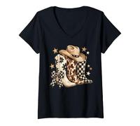 Damen Adrette Cowgirl-Stiefel Cowboyhut Leopard Floral Kariert T-Shirt mit V-Ausschnitt
