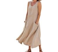Damen Ärmellos Baumwolle und Leinen Kleid Casual Langes Kleid Plain Ärmellos Tank Kleid mit Taschen, WFFUO, Khaki, XXL