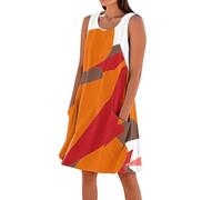 Damen Ärmellos Rundhals Kleid Gestreiftes Muster Sommerkleider Leicht und Luftig MidiKleid Lose Tank Freizeitkleid mit Taschen,Orange,L