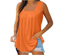 Damen Ärmellos Tank Top Quadratischer Hals Tanktop mit Falten Einfarbig Basic Tshirt Elegant Sommer Tops Lockere Passform Blusentop Lange T Shirt Sommermode Trägershirt Tanktops Frauen