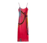 Damen ärmellos, verstellbarer Träger, Sommer - Damen, rotes Graffiti-bedrucktes Mesh-Stoff, Sling-Midikleid, weiblich, lässig, ärmellos, lockere Vestidos, Sommerkleid mit Spaghettiträger, einfarbig, XS