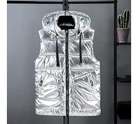 Damen Ärmellose Daunenweste - Mode Damen Winter Daunenweste Retro Silber Kapuze Kurze Glänzende Ärmellose Daunenjacke Weste Warme Outdoor Sport Winddichte Jacke Elegante Casual Party,Silber,Xxl