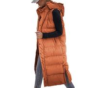 Damen Ärmellose Lange Steppweste Kapuze Button Down Puffweste Baumwolle Wattierte Jacke Winter Outwear, Orange, Large