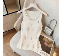 Damen Ärmellose Rundhals Trägershirts, mit Perlen- und Strass-Verzierung, Rippstrick-Stoff, Allround-Camisole-Design, enge Passform, vielseitig und mo