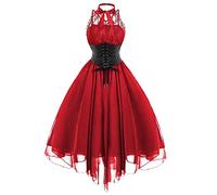 Damen Ärmelloses Gothic Spitzenkleid 80er Jahre Fasching Korsett Halfter Spitze Swing Cocktail