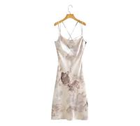 Damen ärmelloses Sling-Träger-Sommerkleid - Damen-Khaki-Tie-Dye-bedrucktes, seitlich geschlitztes Sling-Midikleid, elegantes weibliches, sexy, rückenfreies Vestidos, A-Linie, Urlaub, Bohemian, einfarbig, S