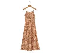 Damen ärmelloses Sling-TrägerSommer Neues Damen-Orange-Blumenmuster mit V-Ausschnitt und seitlichem Schlitz, Sling-Midikleid, weiblich, lange Ärmel, locker, elegant, Vestidos, bedruckte Strandkleider, lässig, solide, L