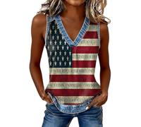 Damen Ärmelloses Tank Top Damen-Tanktops Mit Denim-Besatz Und Flaggenprint Lässige V-Ausschnitt-Sommerwesten Basic Tanktop Elegant Sommer Große Größen Shirt Tshirt Ärmellos Ärmellose Bluse Tops Marine