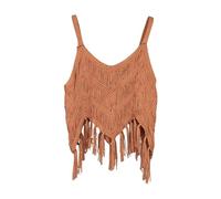 Damen Ärmelloses Tank Top Fransen Western Quaste Tops Ärmellos V-Ausschnitt Häkel Crop Gestrickte Spaghettiträger Weste Locker Sommer Shirt Tshirt Baumwolle Sommertop Große Größen Oberteile Sexy Braun