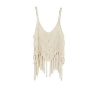 Damen Ärmelloses Tank Top Fransen Western Quaste Tops Ärmellos V-Ausschnitt Häkel Crop Gestrickte Spaghettiträger Weste Locker Sommer Shirt Tshirt Baumwolle Sommertop Große Größen Oberteile Sexy Beige