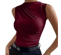 Damen ärmelloses Tanktop mit geripptem Stehkragen(XL Wine Red)