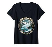 Damen Alaska-Orca-Gletscher-Abzeichen im Stil des Kenai Fjords National Park T-Shirt mit V-Ausschnitt