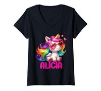 Damen Alicia Personalisierter Name Buntes Einhorn Damen Mädchen T-Shirt mit V-Ausschnitt