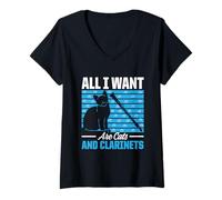 Damen All I Want Are Cats And Clarinets Lustiger Klarinettenspieler T-Shirt mit V-Ausschnitt