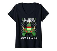 Damen All I Want for Christmas is Joy Sticks Videospiele Gamer Fun T-Shirt mit V-Ausschnitt