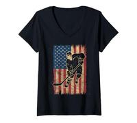 Damen American Flag Hockey T-Shirt Herren Mädchen Eishockeyspieler T-Shirt mit V-Ausschnitt