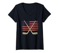 Damen American Flag Hockey T-Shirt Herren Mädchen Eishockeyspieler T-Shirt mit V-Ausschnitt