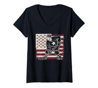 Damen American Flag Hockey T-Shirt Herren Mädchen Eishockeyspieler T-Shirt mit V-Ausschnitt