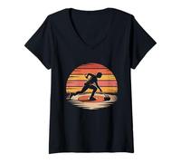 Damen Amerikanische Flagge Curling T-Shirt Curler Sliding Stone T-Shirt mit V-Ausschnitt
