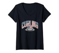 Damen Amerikanische Flagge Curling T-Shirt Curler Sliding Stone T-Shirt mit V-Ausschnitt