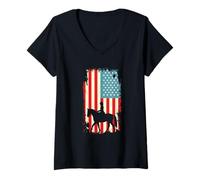 Damen Amerikanische Flagge Reitsport Jockey USA T-Shirt mit V-Ausschnitt