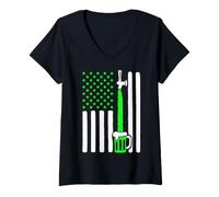 Damen Amerikanische Flagge St. Patrick's Day Grün Bierzapfhahn USA T-Shirt mit V-Ausschnitt