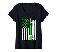 Damen Amerikanische Flagge St. Patrick's Day Grün Bierzapfhahn USA T-Shirt mit V-Ausschnitt