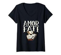 Damen Amor Fati lateinisches Sprichwort, inspirierendes Zitat für stoische Philosophie T-Shirt mit V-Ausschnitt
