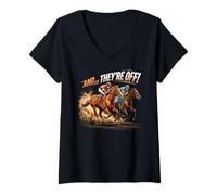 Damen and They're Off Horse Racing Classic Jockey Action T-Shirt mit V-Ausschnitt