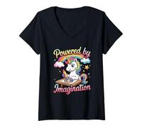 Damen Angetrieben von Imagination Unicorn Inspiring Positive Kids T-Shirt mit V-Ausschnitt