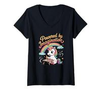 Damen Angetrieben von Imagination Unicorn Inspiring Positive Kids T-Shirt mit V-Ausschnitt