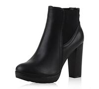 Damen Ankle Boots Plateau Stiefeletten Zipper Holzoptikabsatz Schuhe 111135 Schwarz 38 Flandell