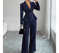 Damen Anzug Set, tailliertes A-Linien Design, gestreifter eleganter Business-Look für den täglichen Weg, französischer Straßen-Vintage-Stil, marinebla