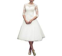 Damen Applikationen Hochzeitskleid Standesamt Kurz Weiß A Linie 3/4 Länge Transparent Brautkleider mit ärmel (Weiß 03,42)