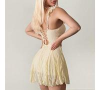 Damen Apricot-farbenes Spitze Patchwork A-Linie Mini-Kleid, Sommer
