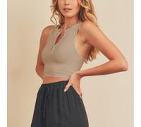 Damen Aprikosenfarbene ärmellose Ripp-Top mit Knopfleiste im Vordergrund, XL, Sommer, Slim Fit