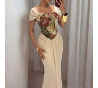 Damen Aprikot gestricktes Kurzarm Patchwork Jacquard Taille geraffte Saum elegantes romantisches Kleid, Frühling/Sommer