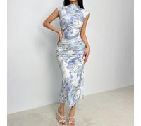 Damen Aquarell Blumenmuster Slim-Fit gestricktes plissiertes Midi-Sommerkleid mit Seitenschlitz, elegant für Urlaub und Alltag, für zierliche Frauen