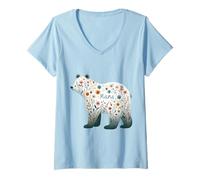Damen Aquarell Floral Bear Loving Mother Design T-Shirt mit V-Ausschnitt