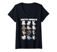 Damen Arktische Tiere, Eisbär, Fuchsrobbe, Niedliche Zookarte T-Shirt mit V-Ausschnitt