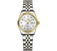 Damen-Armbanduhr aus Edelstahl, kleines Zifferblatt, Vintage-Stil, gold-silber, zweifarbig, Quarzuhr