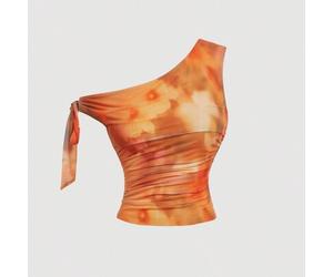 Damen asymmetrische Schulter Blumen Ölgemälde Mesh Top, süße Kleidung, Ausgeh-Tops für Frauen, Goth, Y2K Tops, Fairycore, Old Money Stil für Frauen, e