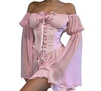 Damen aus Schulter Puffärmel Mesh Minikleid gerüscht Spitze Up Glocke Ärmel Fee Weiß Kleid Party A-Linie Swing Strand Kleid (Rosa mini Kleid, M)