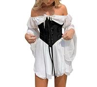 Damen aus Schulter Puffärmel Mesh Minikleid gerüscht Spitze Up Glocke Ärmel Fee Weiß Kleid Party A-Linie Swing Strand Kleid (Weißes mini Kleid, M)