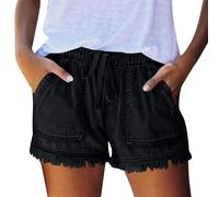 Damen Ausgefranster Saum Denim Shorts Einfarbig Kordelzug Lose Lässige Sommershorts Frauen Kurze Hose Sommer Hohe Elastische Taille Fransen Jeans Shorts mit Taschen Jeansshorts Freizeitshorts
