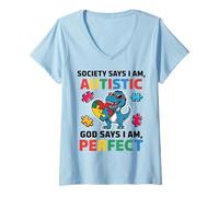 Damen Autismus-Bewusstsein mit einem lustigen T-Rex-Dinosaurier T-Shirt mit V-Ausschnitt